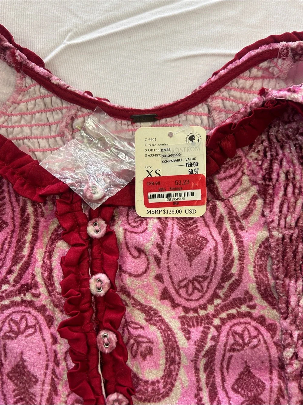 Free People Pink Paisley Puff-Sleeve Smocked Crop Top